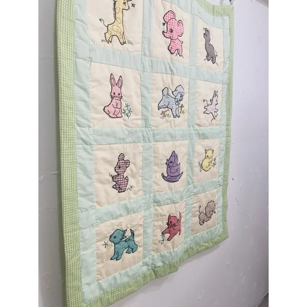 Vintage Hand Embroidered Applique Baby Quilt Blanket Wall Hanging Kitty Cat Lamb